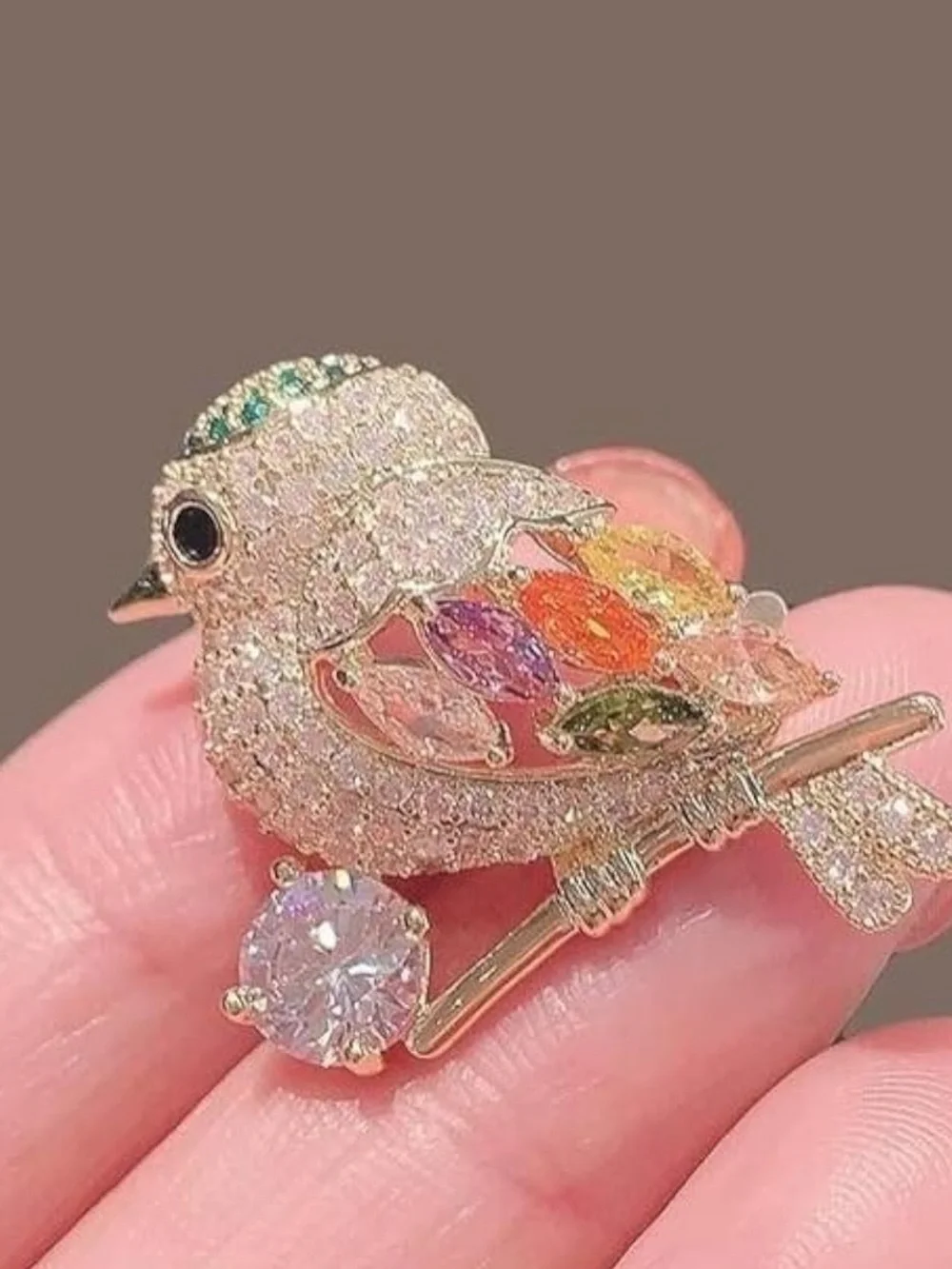 Gold-Tone Multicolor Crystal Bird Brooch